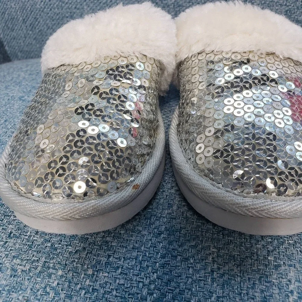Kids Silver Sequin‎ Slippers Fuzzy Cozy House Shoes Sparkly Girls